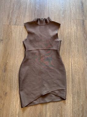 Mistress rocks Sleeveless Mock Neck Bodycon Dress in taupe